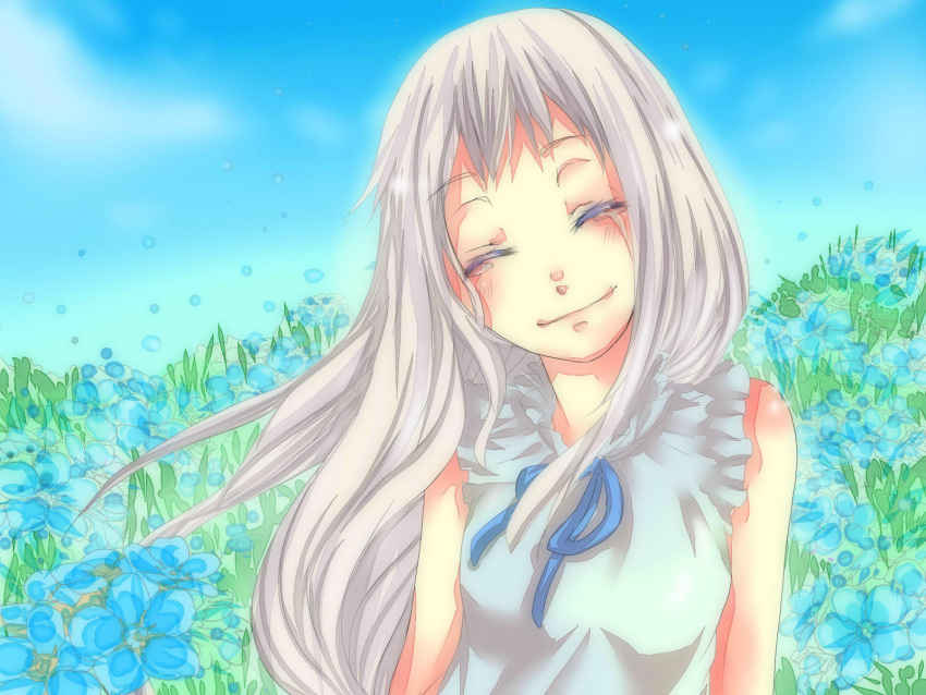 bad_id, closed_eyes, dress, eyes_closed, flower, highres, honma_meiko, long_hair