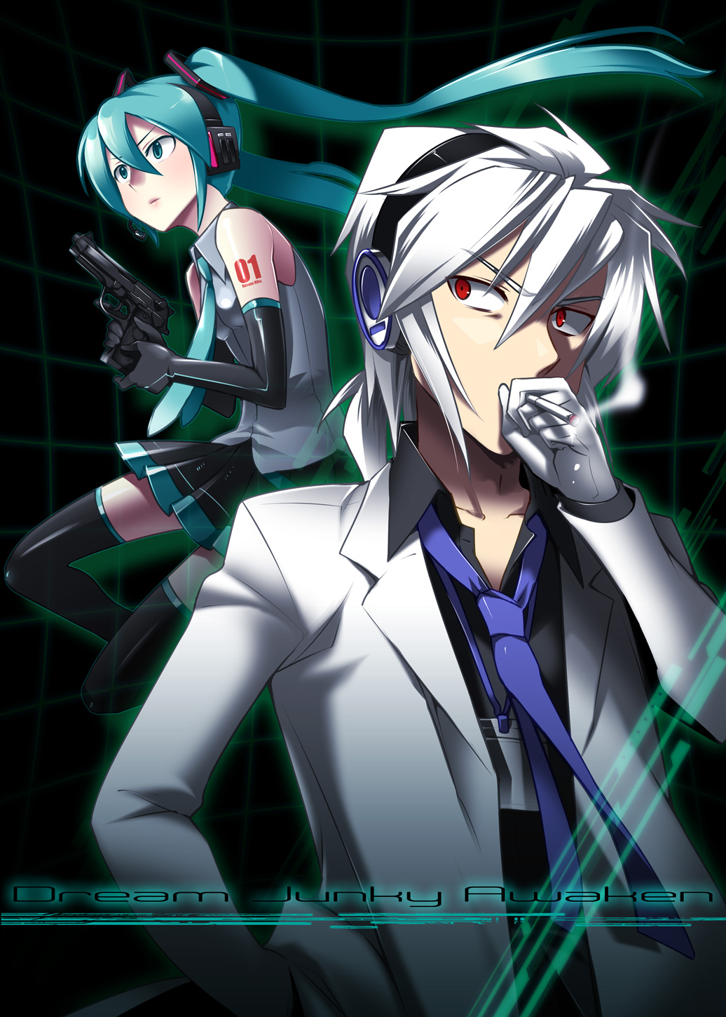 aqua_hair, caffein, cigarette, elbow_gloves, gloves, gun, hatsune_miku, headphones