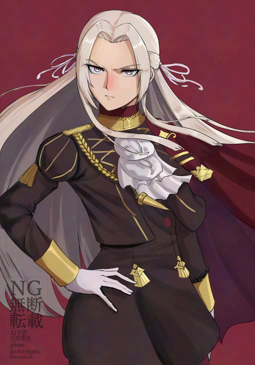 >:(, 1girl, breasts, cape, commentary_request, edelgard_von_hresvelg, fire_emblem, fire_emblem:_three_houses
