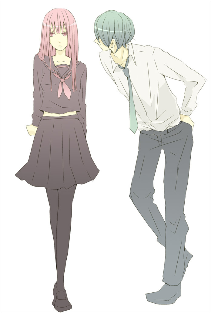 1boy, 1girl, alternate_costume, black_sailor_collar, black_skirt, blue_necktie, caprico, dokukinoko_(vocaloid)