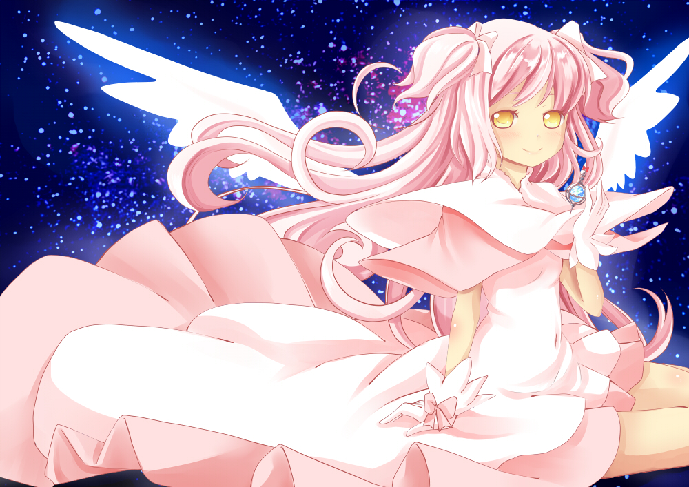 dress, gloves, goddess_madoka, grief_seed, hair_bow, hair_ribbon, kaname, kaname_madoka