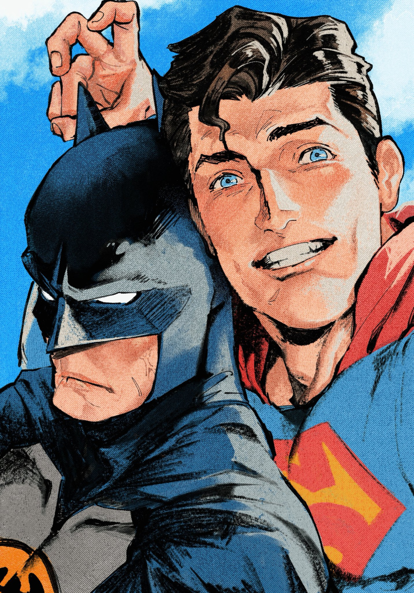 2boys, 3000_etc, arm_up, batman, batman_(series), black_cape, black_hair, blue_bodysuit, blue_eyes, bodysuit, bunny_ears_prank, cape, clark_kent, closed_mouth, clouds, commentary, cowl, dc_comics, grey_bodysuit, grin, highres, looking_at_viewer, male_focus, multiple_boys, outdoors, parted_hair, red_cape, scowl, short_hair, sky, smile, superhero_costume, superman, superman_(series), superman_logo, teeth, untranslatable_commentary, upper_body