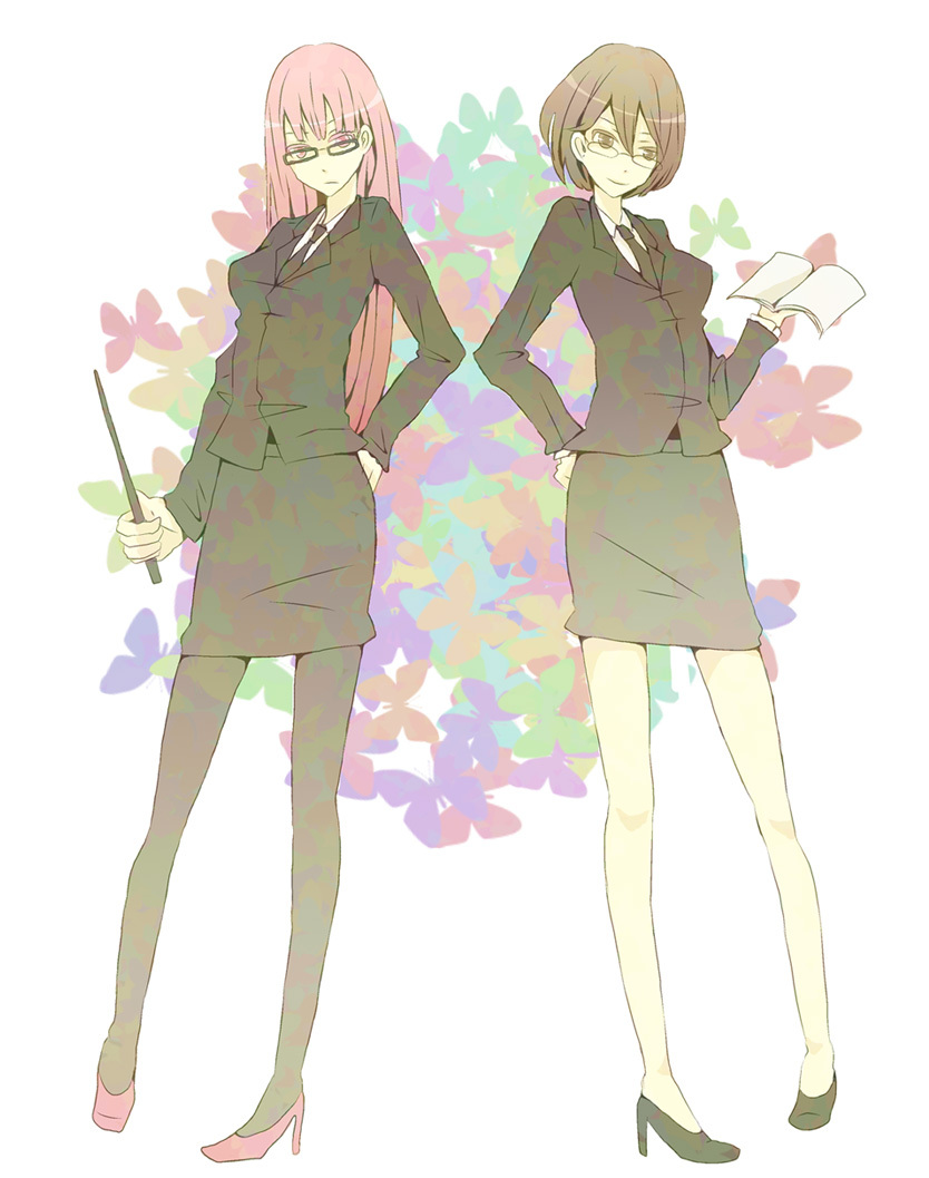 brown_hair, caprico, formal, glasses, hand_on_hip, legs, long_hair, megurine_luka, meiko, necktie, pantyhose, pink_eyes, pink_hair, short_hair, skirt, skirt_suit, suit, teacher, vocaloid