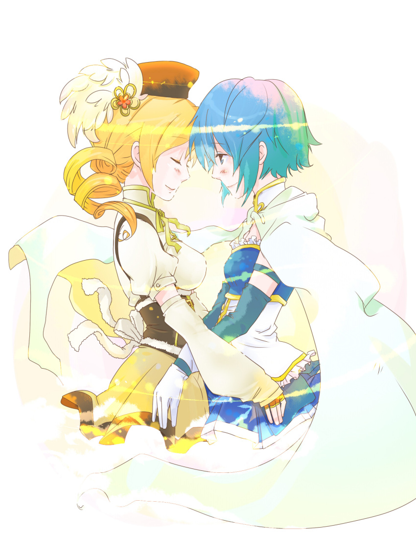 beret, blonde_hair, blue_eyes, blue_hair, cape, closed_eyes, corset, detached_sleeves