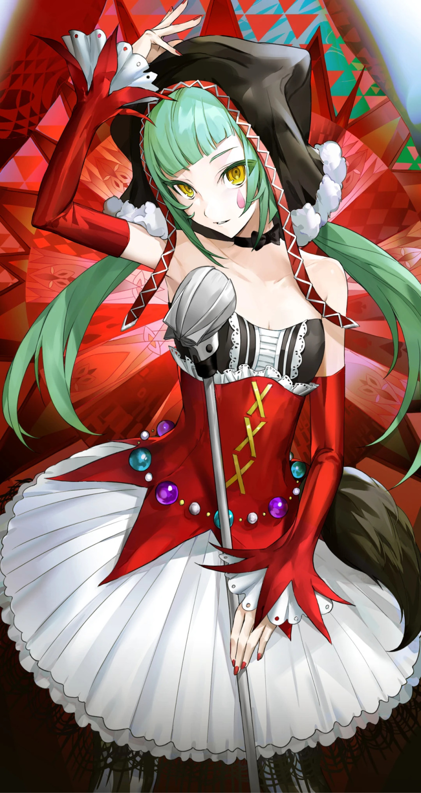 1girl, animal_ear_headwear, animal_hat, arm_up, bare_shoulders, black_bow, black_hat, bow