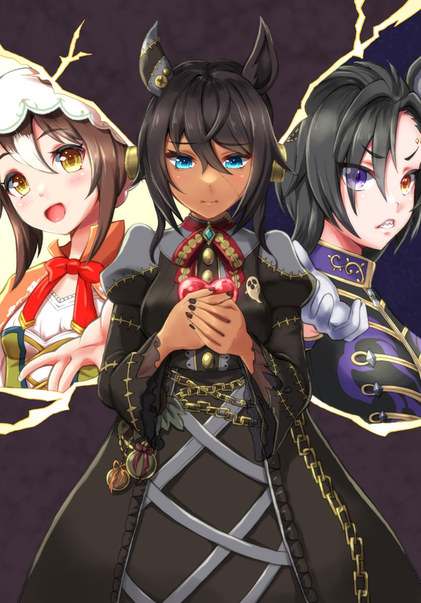 3girls, air_shakur_(belphegor's_prime)_(umamusume), air_shakur_(umamusume), animal_ears, black_dress, black_hair, black_nails, blush