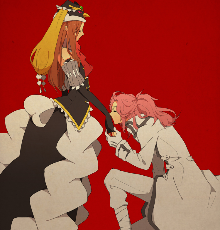 bare_shoulders, closed_eyes, coat, eyes_closed, gloves, gomi_chiri, hand_kiss, hat, kiss, long_hair, mawaru_penguindrum, pink_eyes, pink_hair, ponytail, princess_of_the_crystal, sanetoshi_watase, smile, takakura_himari, watase_sanetoshi