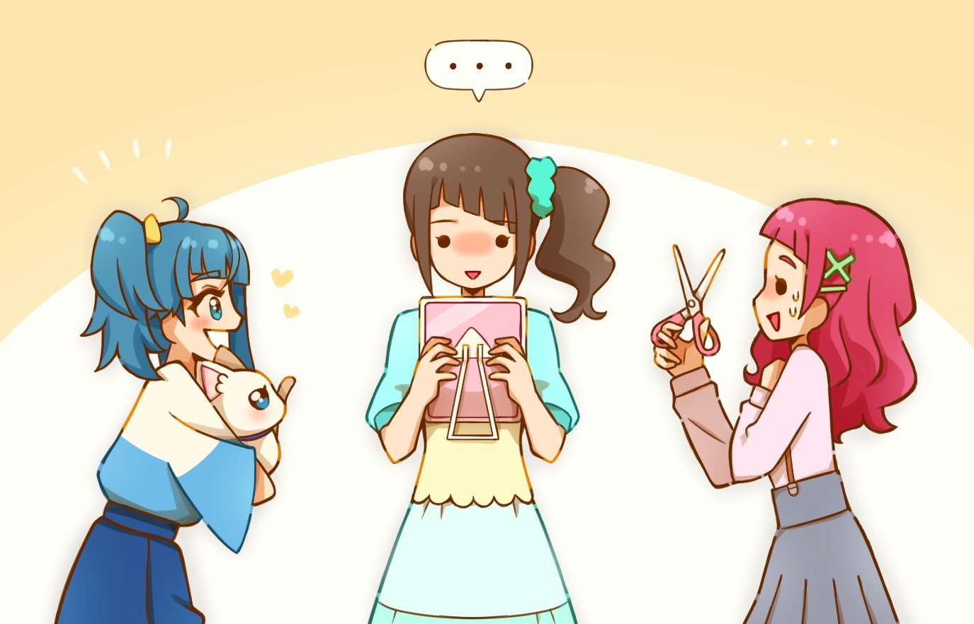 ..., 3girls, alternate_hairstyle, animal, aqua_dress, aqua_scrunchie, black_hair, blue_eyes