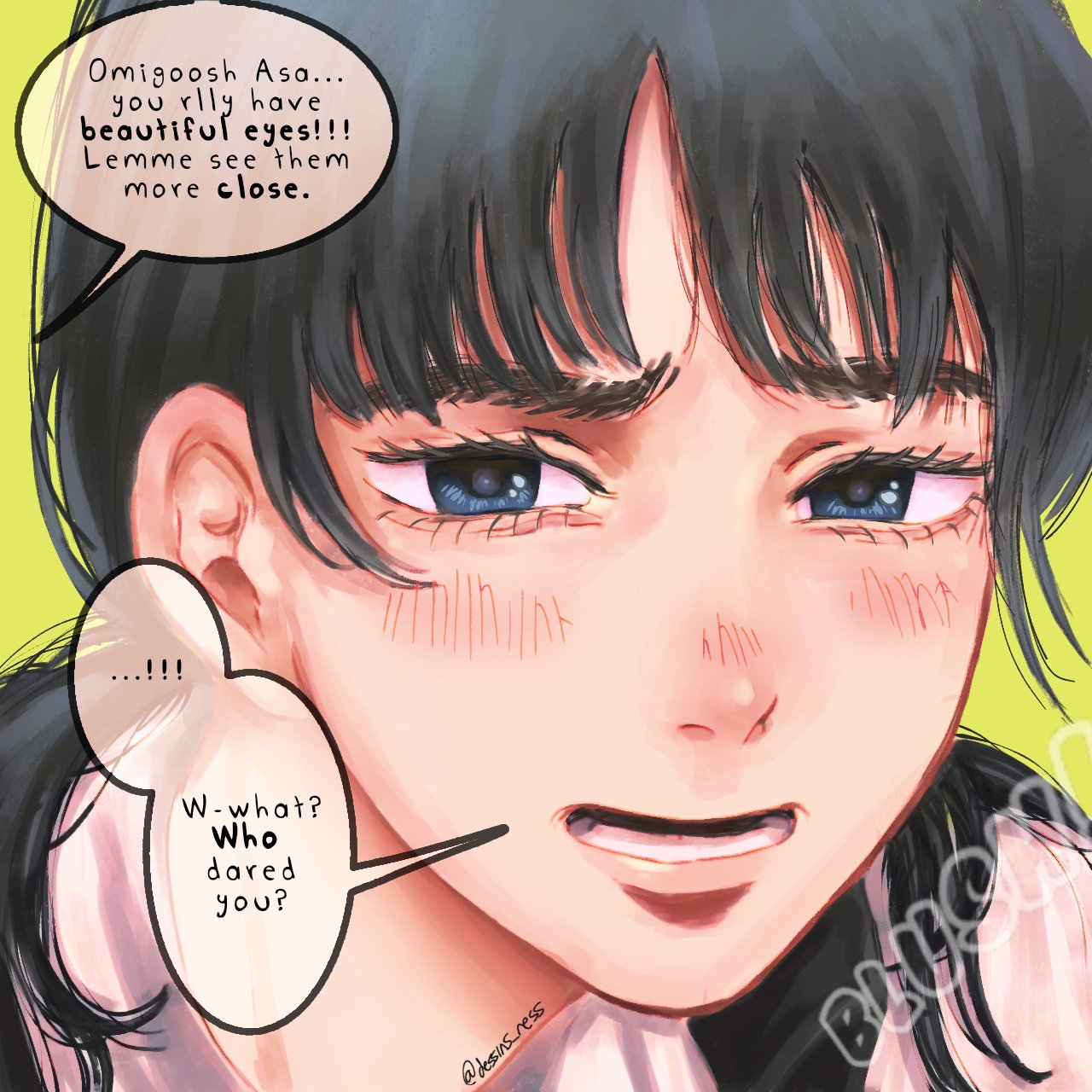 blue_eyes, blush, chainsaw_man, collared_shirt, dessins_ness, ear_blush, english_text, eyelashes