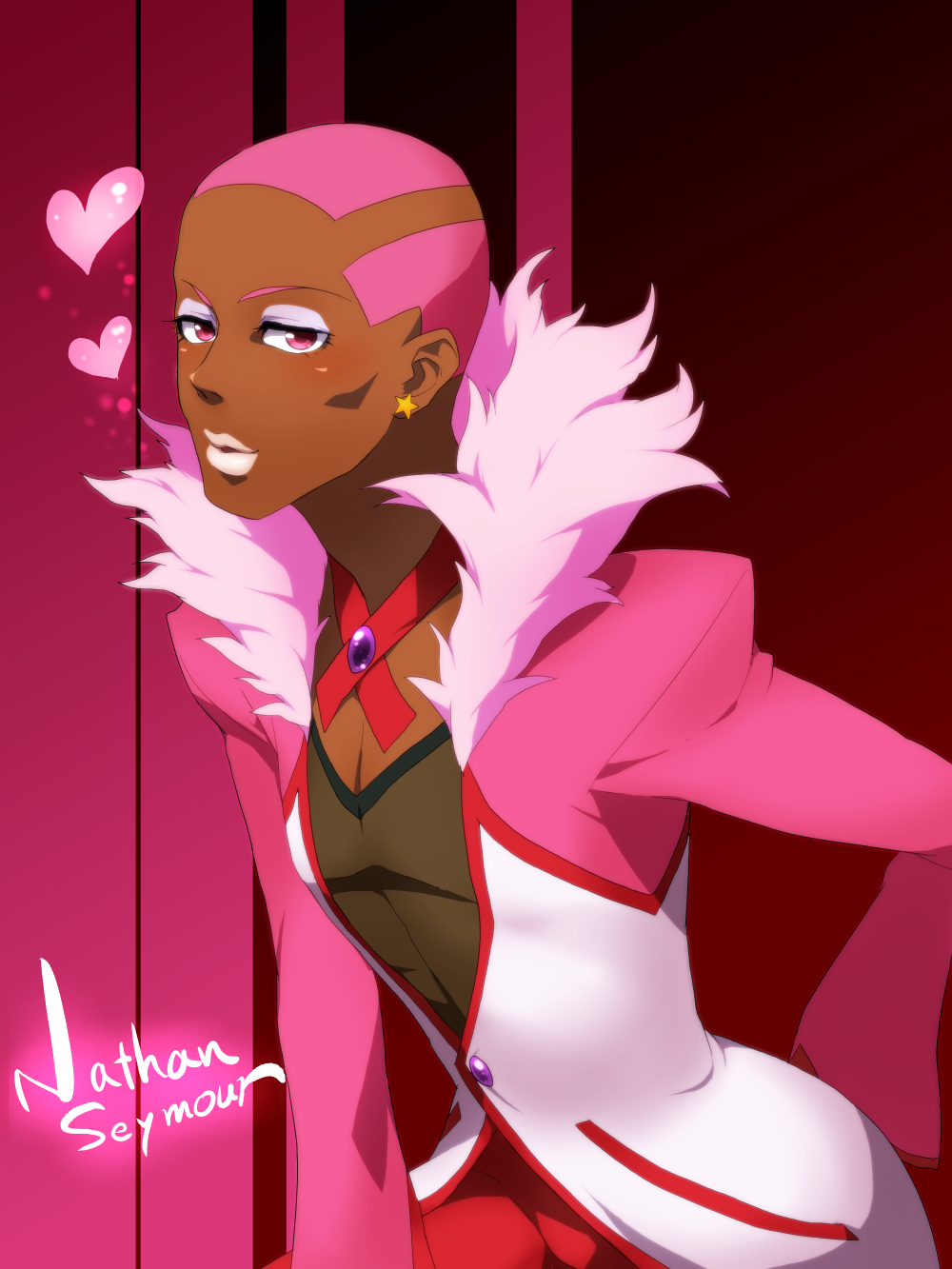 dark_skin, earrings, fur_trim, heart, highres, jewelry, lips, lipstick