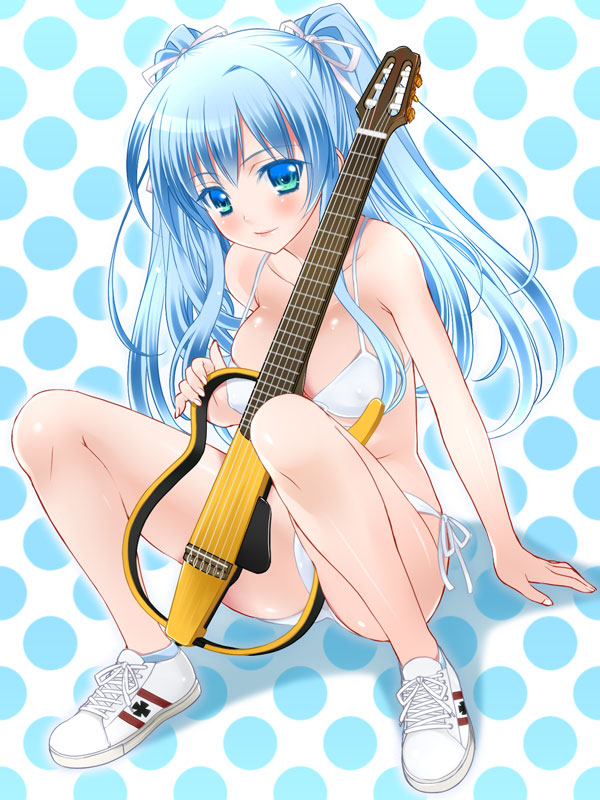 akito_(ao's_club), akito_(ao's_club), arm_support, bikini, blue_eyes, blue_hair, blush, guitar, instrument, light_smile, long_hair, original, shiny, shiny_skin, shoes, side-tie_bikini, silent_guitar, sneakers, strap_gap, swimsuit, twintails