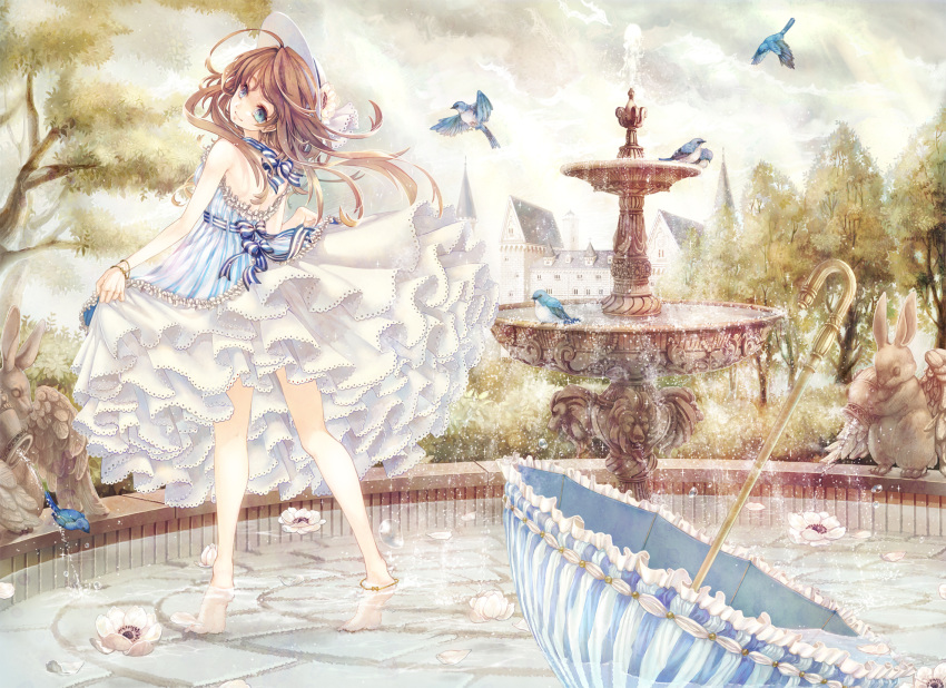 animal, anklet, barefoot, bird, blonde_hair, blue_eyes, bluebird, bow