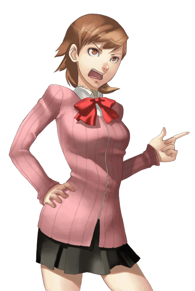 blazer, bow, brown_eyes, brown_hair, flipped, hand_on_hip, hips, persona