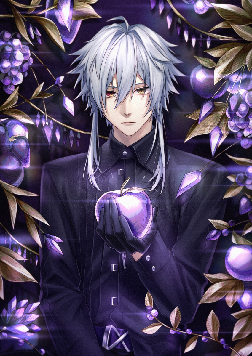 1boy, belt, black_gloves, black_shirt, closed_mouth, collared_shirt, commentary_request, flower
