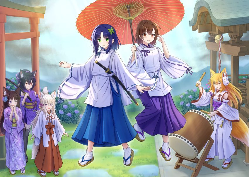 6+girls, :d, ;d, animal_ears, black_hair, blonde_hair, blue_hair, blue_hakama