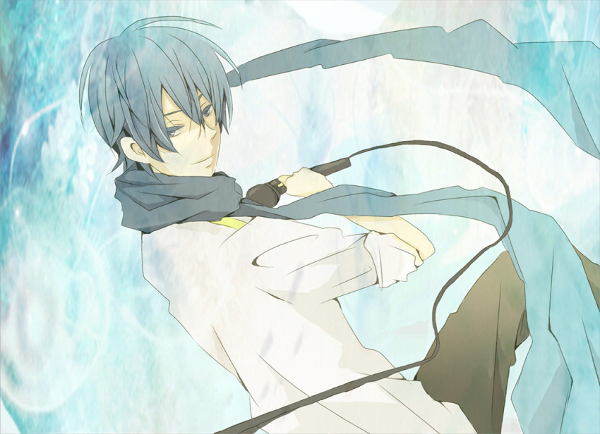 blue_eyes, blue_hair, caprico, kaito, male, microphone, scarf, smile