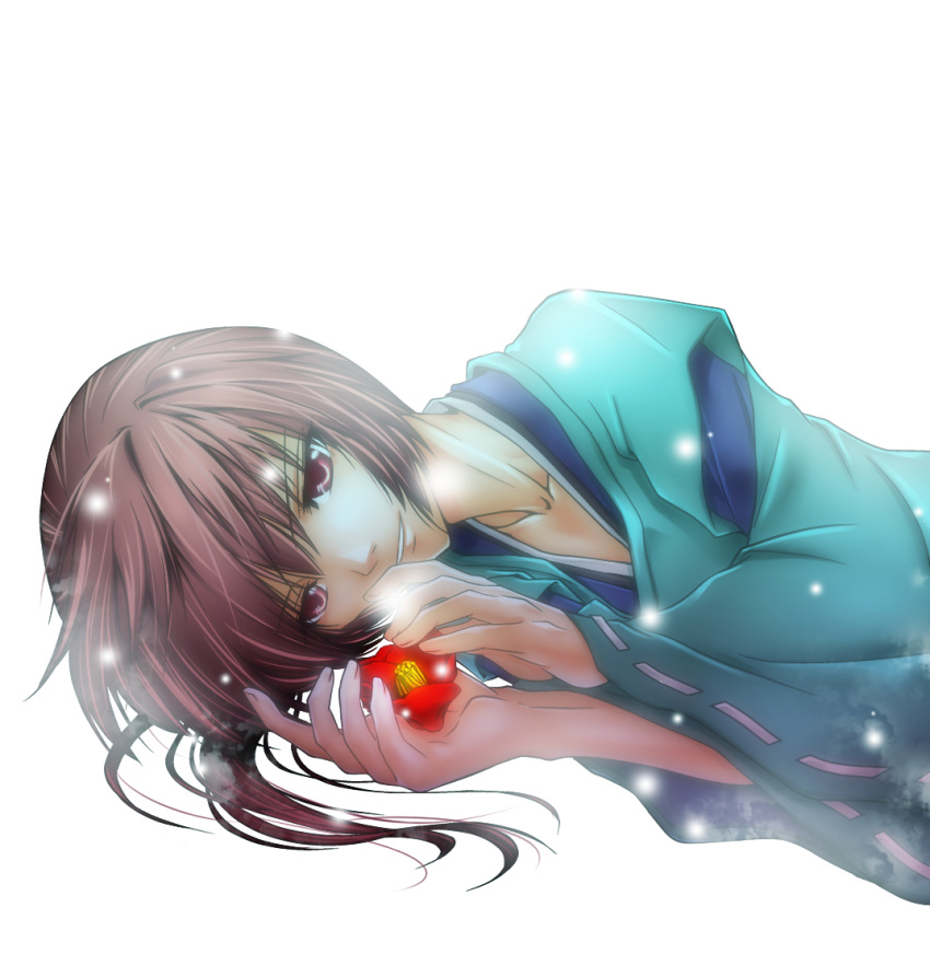 abe_no_masahiro, bokko_hinata, brown_eyes, brown_hair, camellia_(flower), flower, japanese_clothes, long_hair, lying, male, shounen_onmyouji, solo