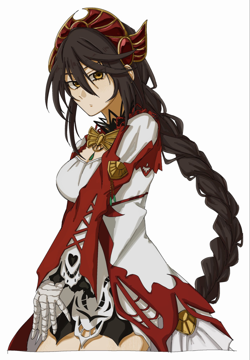 1girl, a123078412254, bandaged_hand, bandages, black_hair, braid, closed_mouth, commentary_request