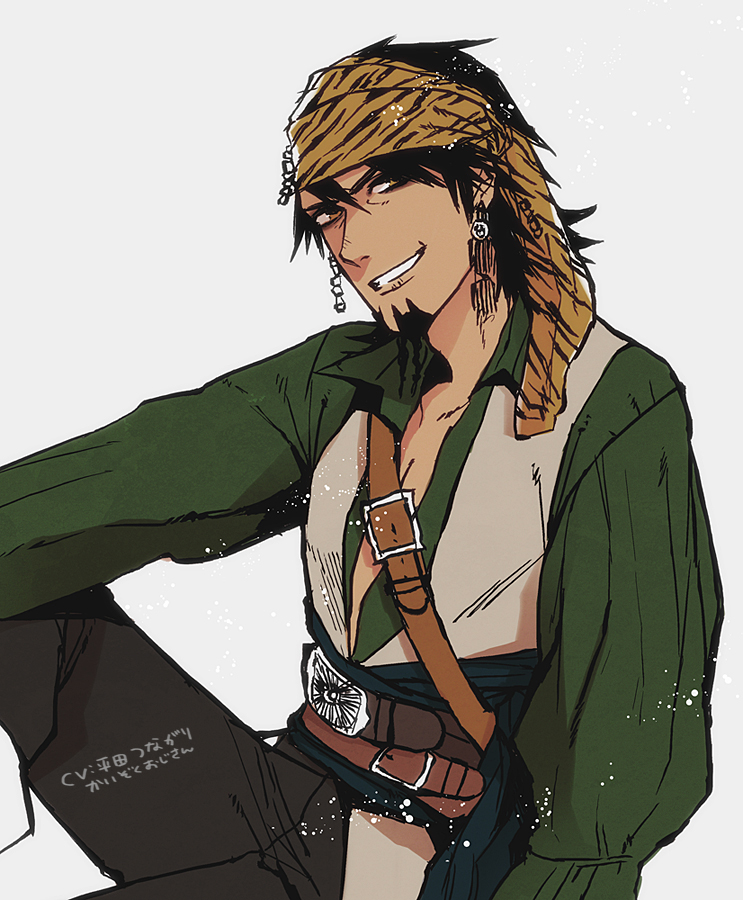 bandana, belt, brown_eyes, brown_hair, cosplay, earrings, facial_hair, hirata_hiroaki, jack_sparrow, jack_sparrow_(cosplay), jewelry, kaburagi_t_kotetsu, male, nazu_ojisan, pirate, pirates_of_the_caribbean, seiyuu_connection, solo, stubble, tiger_&amp;_bunny, vest