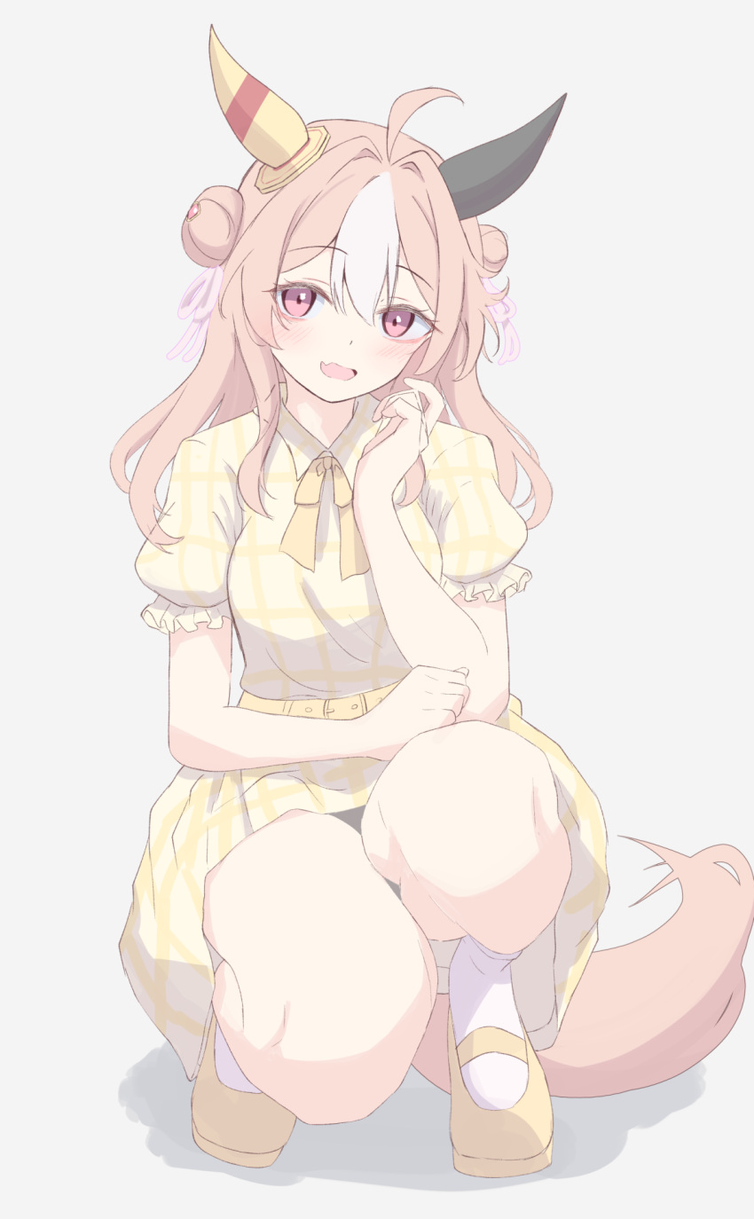 1girl, ahoge, animal_ears, belt, blush, breasts, brown_hair, casual