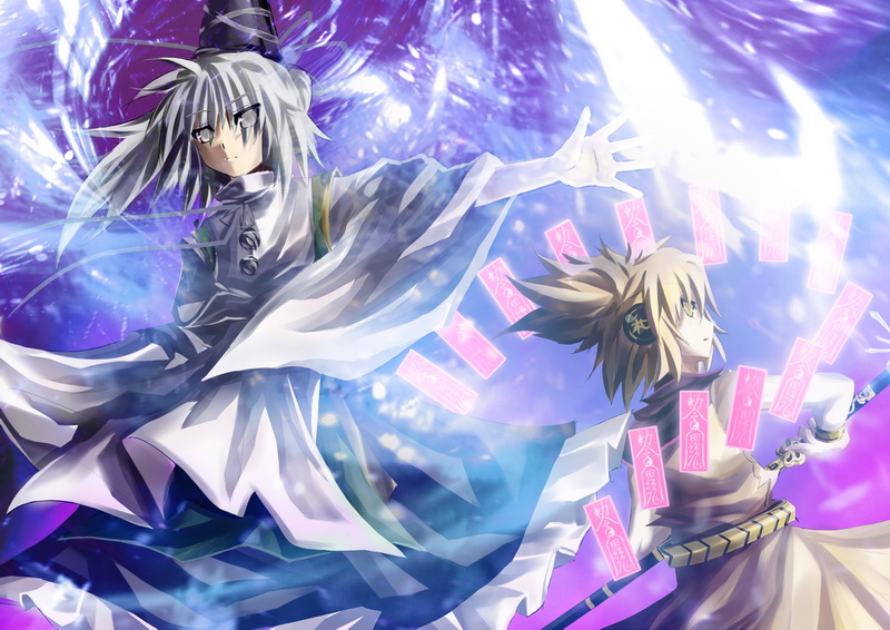 amulet, belt, blonde_hair, earmuffs, grey_eyes, hat, headphones, japanese_clothes, langlang, mononobe_no_futo, multiple_girls, ofuda, okami_(pixiv2066426), ponytail, ritual_baton, robe, sheath, short_hair, silver_hair, sword, tate_eboshi, touhou, toyosatomimi_no_miko, weapon, yellow_eyes
