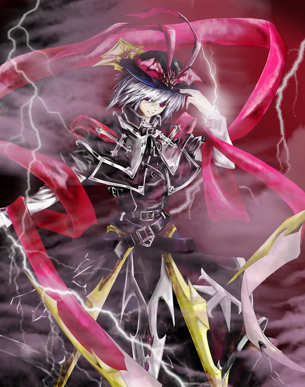 alternate_color, alternate_costume, bat_wings, belt, blue_hair, cross, inverted_cross, langlang, leather, lightning, nagae_iku, okami_(pixiv2066426), red_eyes, ribbon, shawl, short_hair, smile, solo, touhou, wings