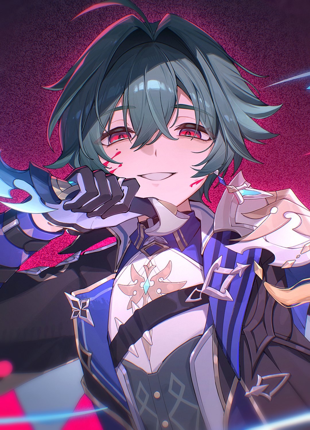 1boy, ahoge, armor, belt, belt_collar, black_belt, black_gloves, blood, blood_on_face, blue_gloves, blue_shirt, choker, coat, collar, collared_shirt, commentary, earrings, film_grain, genshin_impact, gloves, green_hair, grin, hair_between_eyes, hair_intakes, highres, holding, holding_knife, holding_weapon, jewelry, knife, lohen_(genshin_impact), long_sleeves, looking_at_viewer, male_focus, mole, mole_under_eye, multicolored_eyes, multicolored_gloves, red_background, shirt, short_hair, shoulder_armor, single_earring, smile, solo, sucui_qiuqiu, two-tone_gloves, upper_body, weapon
