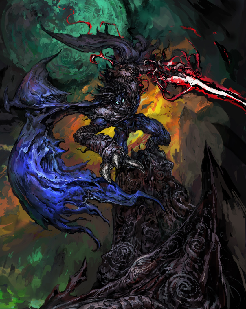 1boy, black_hair, blue_skin, carpet_crawler, claws, colored_skin, commentary, covered_mouth