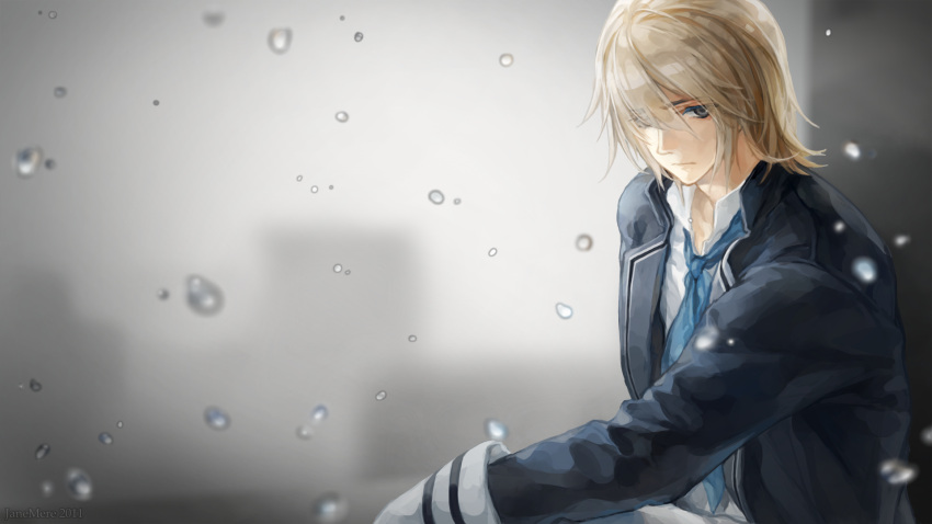 1boy, ama_no_jaku_(vocaloid), blonde_hair, brown_eyes, coar, hair_over_one_eye, janemere, male, neckerchief, original