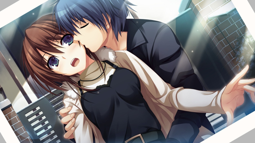 belt, blue_eyes, blush, closed_eyes, couple, game_cg, kiss, koi_de_wa_naku