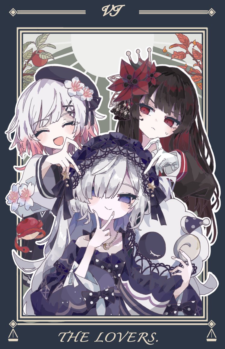 3girls, armband, bare_shoulders, beret, black_choker, black_coat, black_hair, black_hat