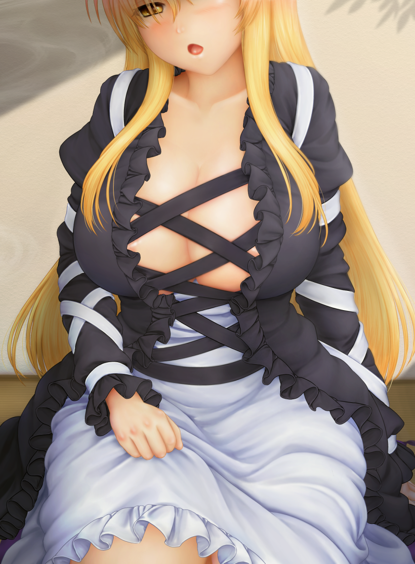 arm_ribbon, black_dress, blonde_hair, blush, breasts, cleavage, cleavage_cutout, dress