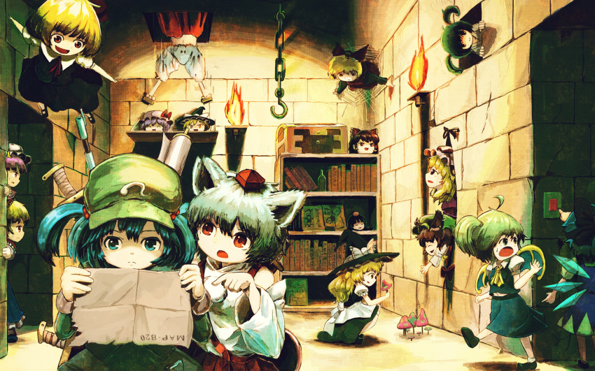 alice_margatroid, blonde_hair, book, bookshelf, bottle, chen, cirno, daiyousei