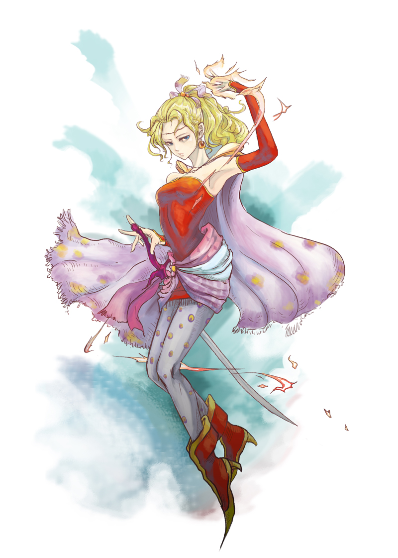 bare_shoulders, blonde_hair, blue_eyes, boots, cape, earrings, elbow_gloves, female