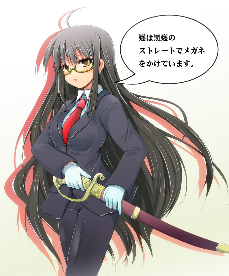 ahoge, breasts, brown_eyes, formal, glasses, gloves, green-framed_glasses, half_rim_glasses