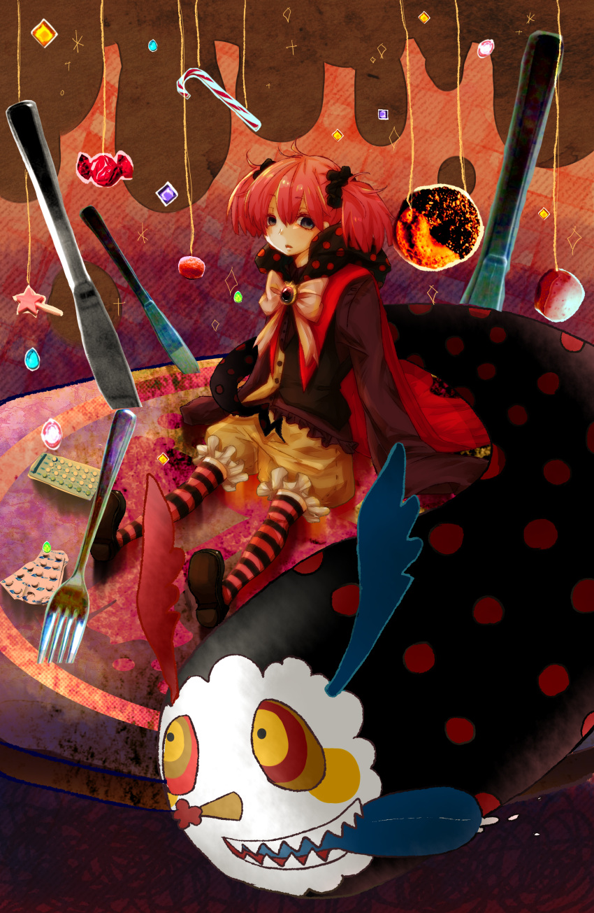 bloomers, bow, cape, charlotte_(madoka_magica), fork, highres, kaiikaika, knife