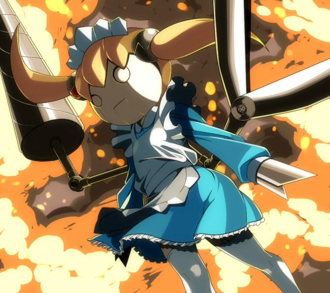 android, apron, blonde_hair, cyborg, dress, drill, dutch_angle, frills