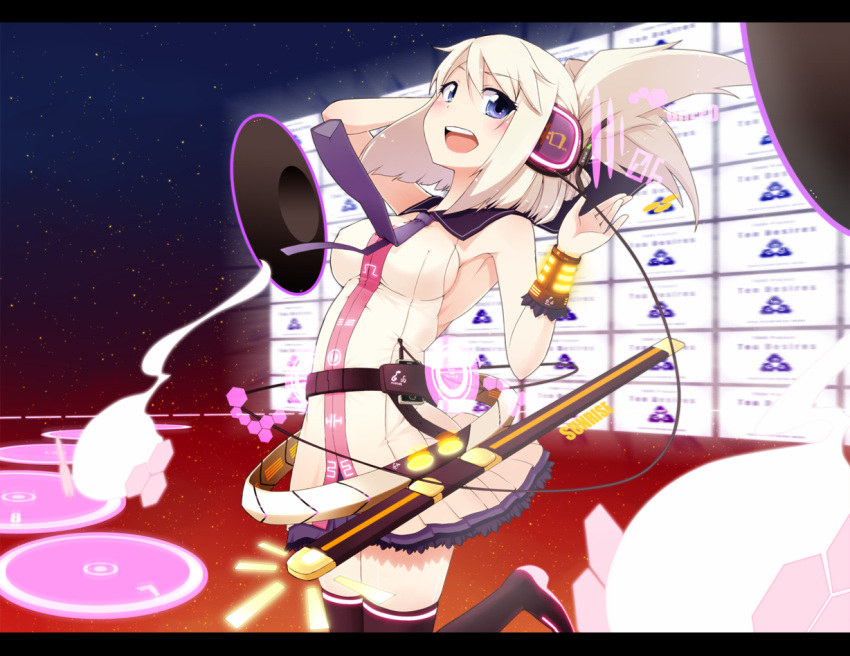 armpits, arms_up, belt, blonde_hair, blue_eyes, breasts, digital_media_player, dj