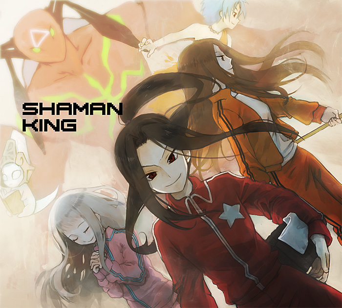 blonde_hair, brown_hair, bucket, butsu_zone, closed_eyes, eyes_closed, hao_asakura, iron_maiden_jeanne, itsuki_(s2_129), jewelry, long_hair, necklace, ponytail, sati_saigan, senju_(butsu_zone), shaman_king, shamash, silver_hair, spirit_of_fire, staff, star, towel, track_suit