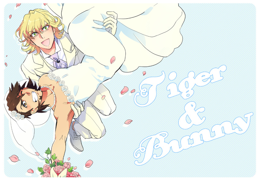 bare_shoulders, barnaby_brooks_jr, blonde_hair, bouquet, bridal_veil, bride, brown_eyes, brown_hair