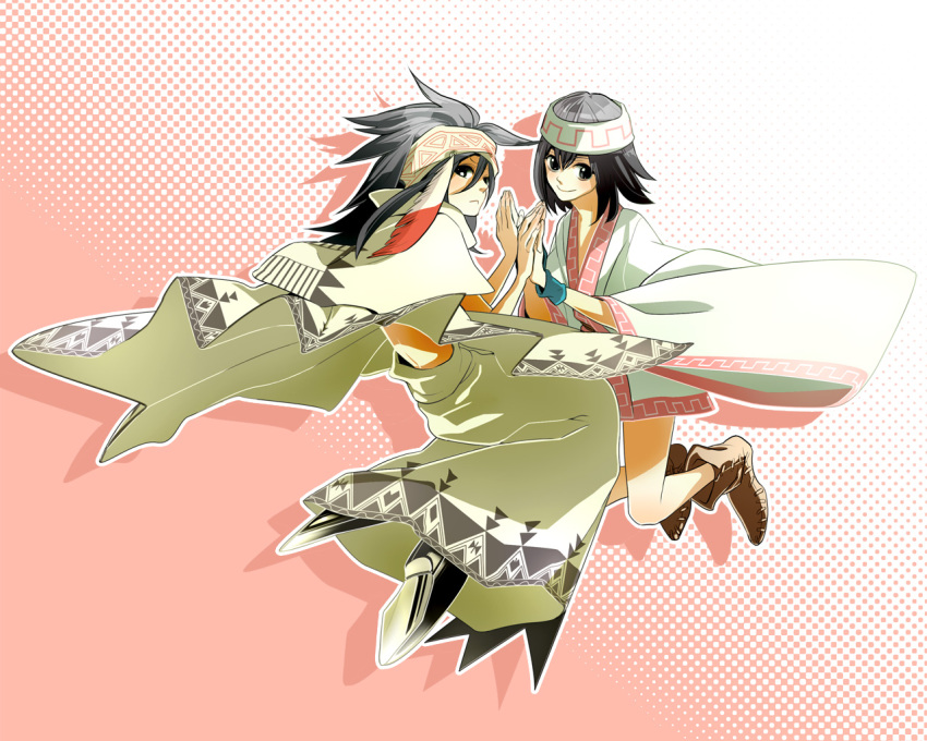 artist_request, black_hair, blush, damuko, feathers, hands_together, headband, long_hair, looking_at_viewer, multiple_girls, rutherford, shaman_king, smile, spoilers, wristband