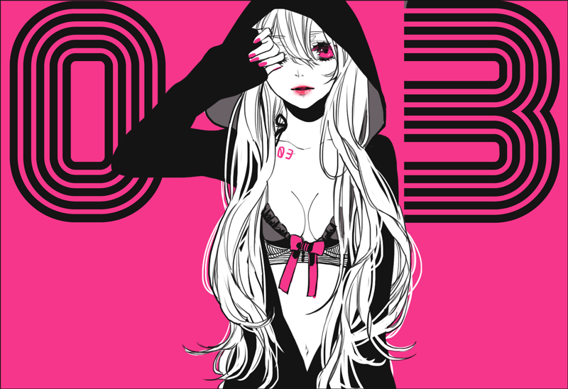 bad_id, bra, hoodie, lingerie, long_hair, megurine_luka, monochrome, nail_polish