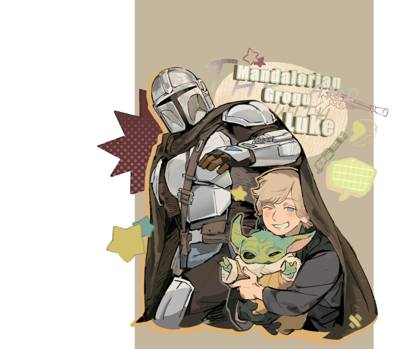 3boys, alien, black_gloves, black_robe, blonde_hair, blue_eyes, brown_background, brown_cape