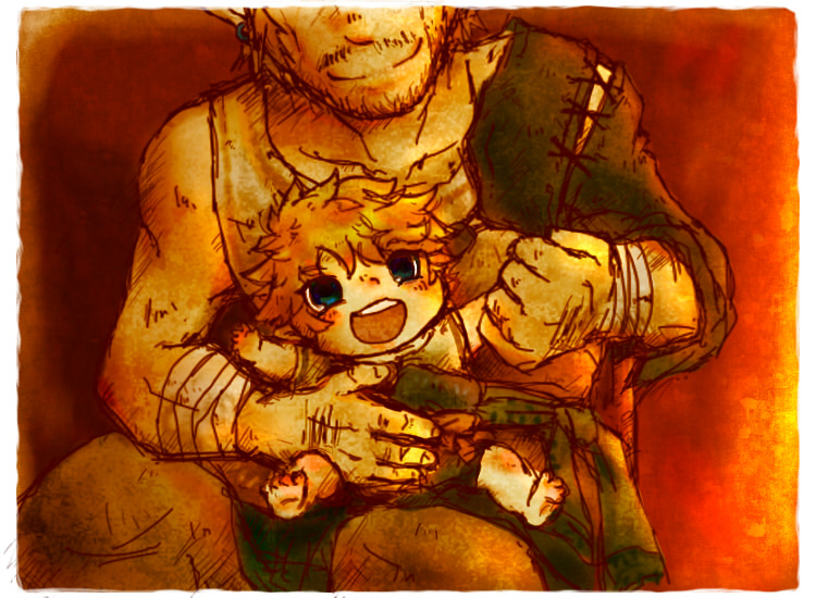 age_difference, bandage, bandages, blonde_hair, blue_eyes, child, earrings, father, father_and_son, happy, jewelry, link, motimamire, nintendo, parent, pointy_ears, sitting, sitting_on_lap, sitting_on_person, smile, the_legend_of_zelda, twilight_princess