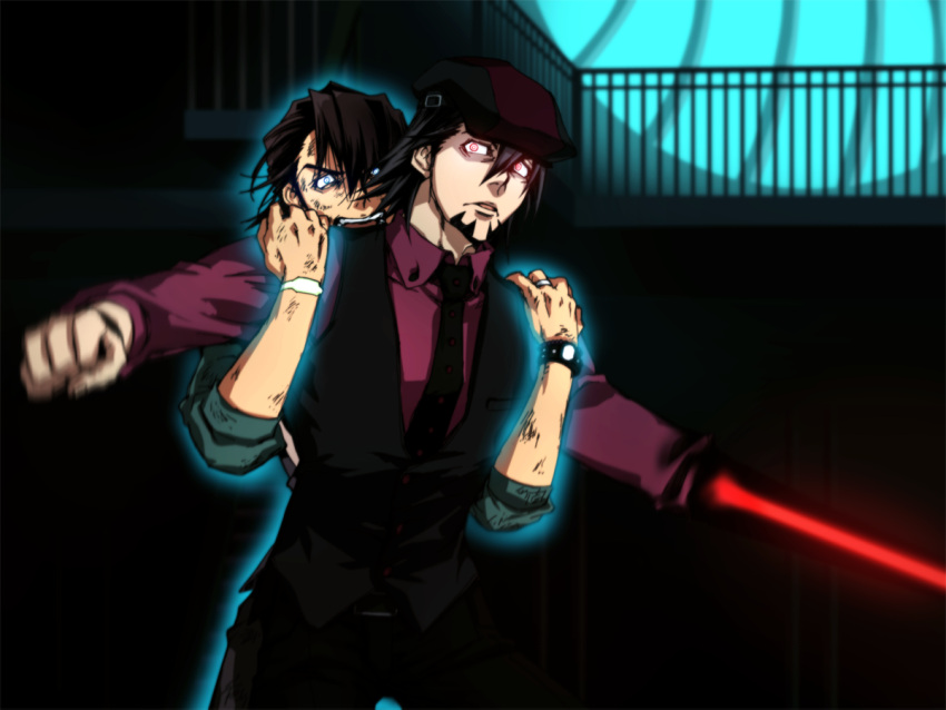 blue_eyes, brown_hair, cabbie_hat, dark_persona, ebitetsu, facial_hair, glowing, glowing_eyes