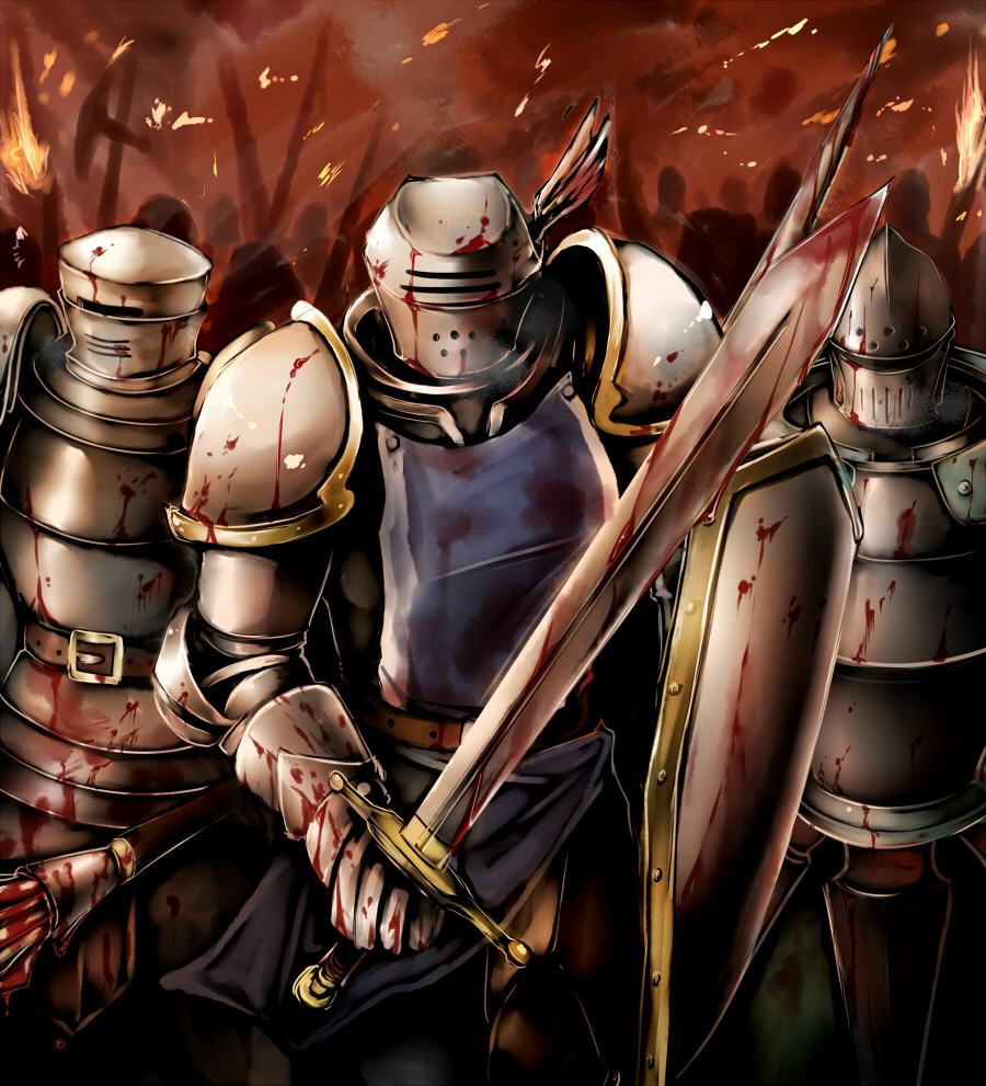 blood, copyright_request, fire, gauntlets, helmet, kappamaru, mace, poleaxe