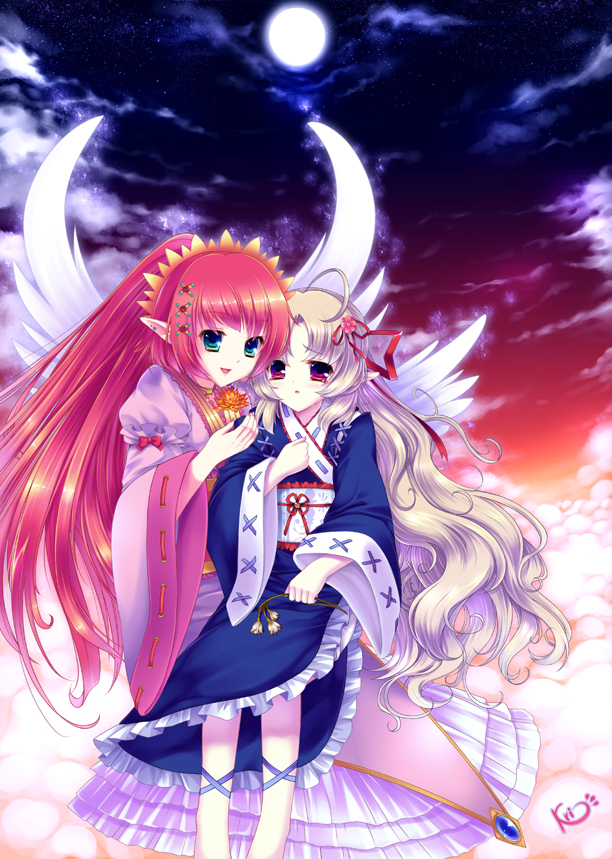 aqua_eyes, blonde_hair, cloud, flower, frills, full_moon, hair_flower, hair_ornament