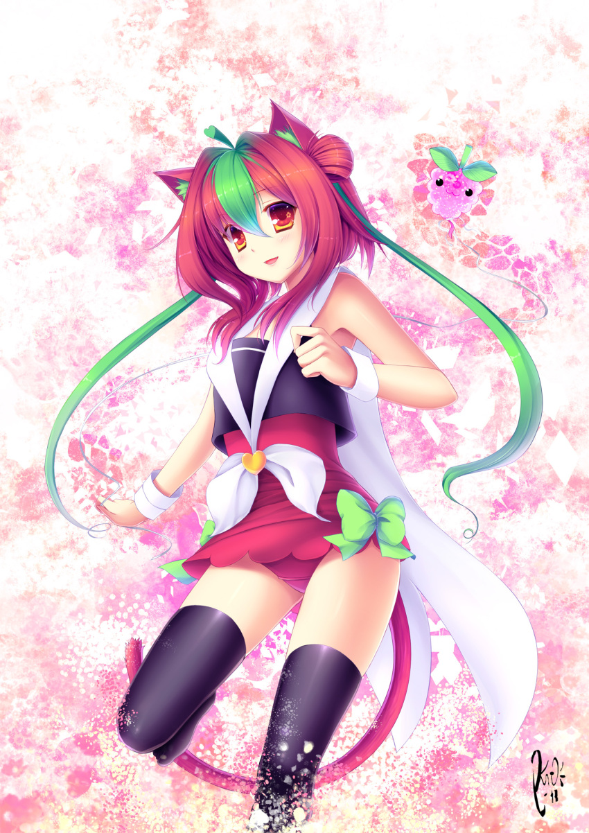 bare_shoulders, black_legwear, cat_ears, hair_bun, highres, jumper, monster_girl, multicolored_hair