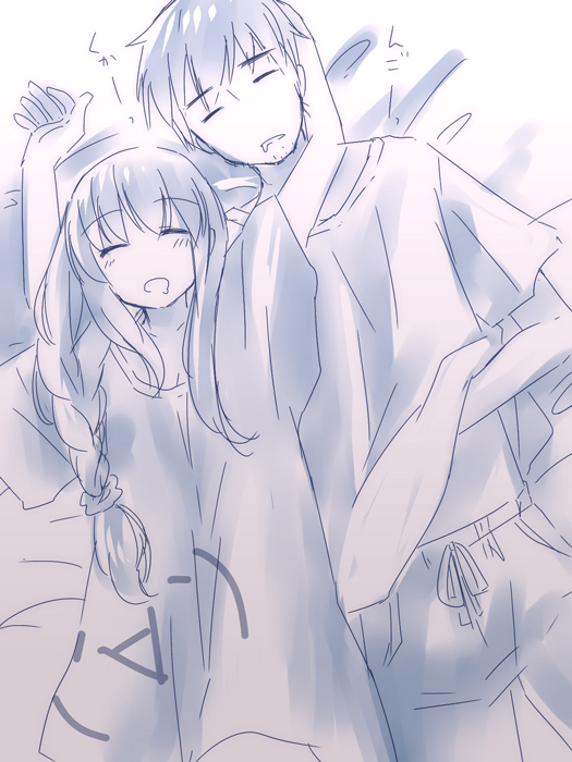 braid, facial_hair, hand_under_clothes, makise_kurisu, mizuki_riko, monochrome, okabe_rintarou, saliva