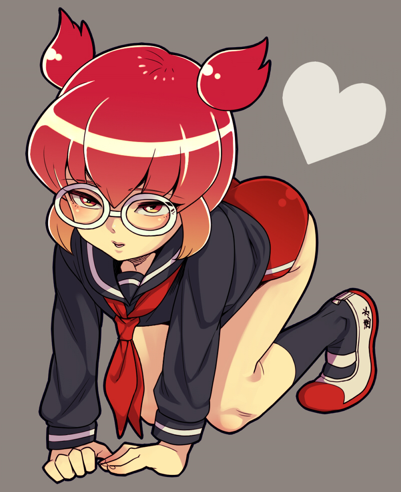 1boy, ass, black_legwear, brown_eyes, brown_hair, buruma, crossdressing, crossdressinging, footwear, glasses, hayami_tsurumasa, inazuma_eleven, inazuma_eleven_(series), inazuma_eleven_go, kneehighs, male, open_mouth, school_uniform, serafuku, shoes, short_hair, short_twintails, socks, solo, suguru_(hinio), trap, twintails